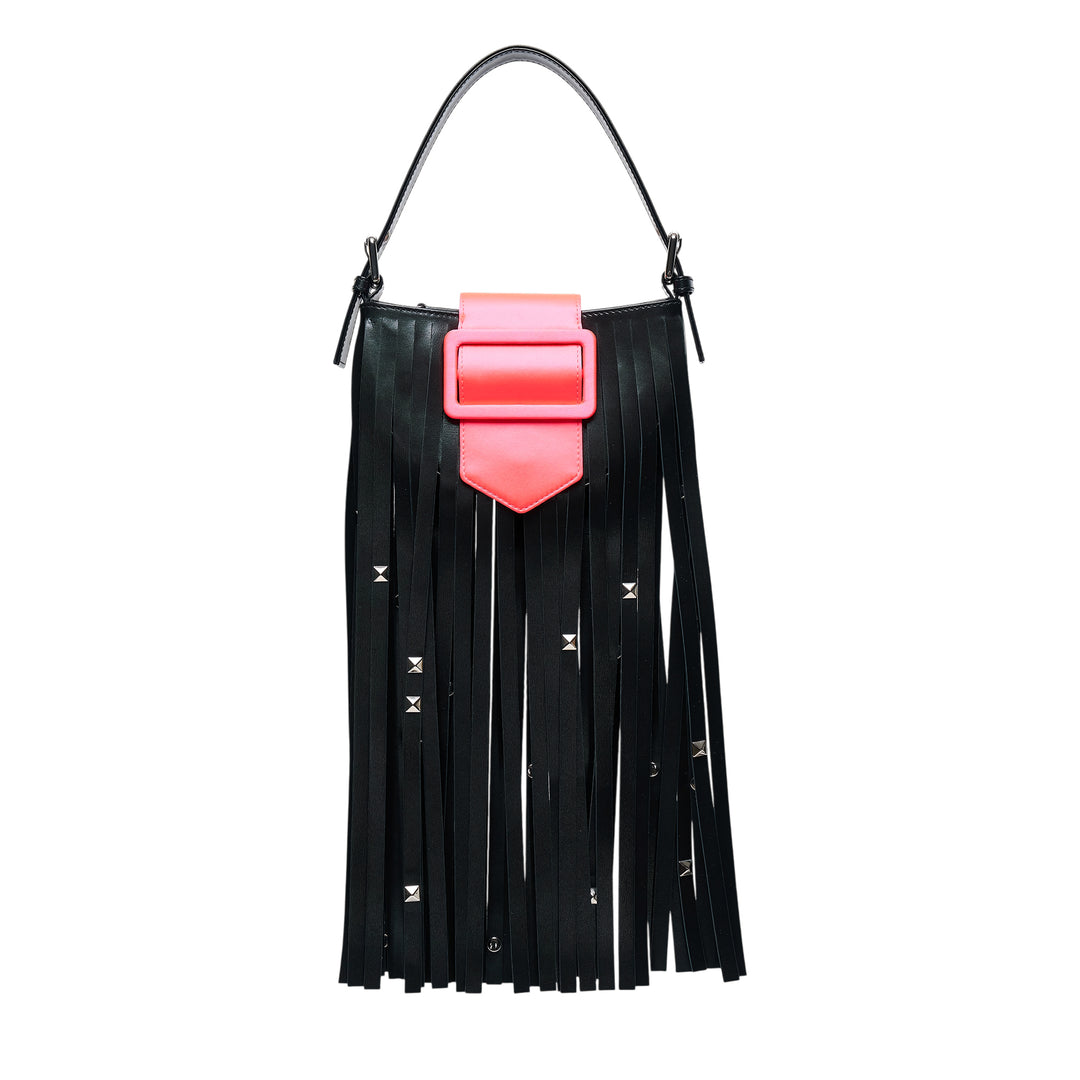 Vaquera Mini Fringe Leather Top Handle Bag in black with cascading studded leather fringe and neon coral buckle closure on a white background