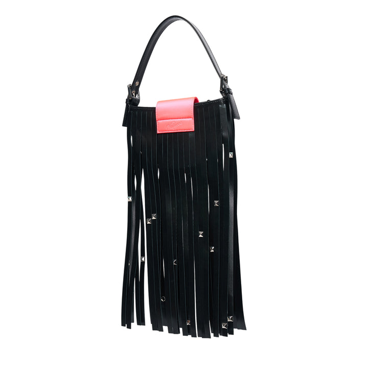 Vaquera Mini Fringe Leather Top Handle Bag in black with cascading studded leather fringe and neon coral buckle closure on a white background