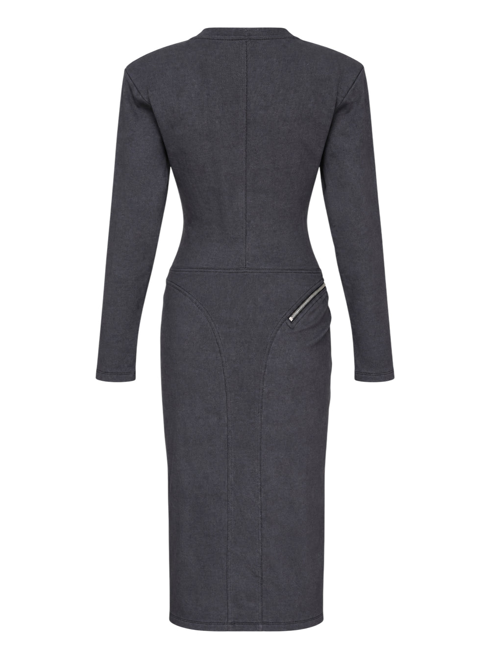 Vaquera women's charcoal long sleeve knit dress with corset-style bodice seams, padded shoulders and diagonal silver zippers - view 2