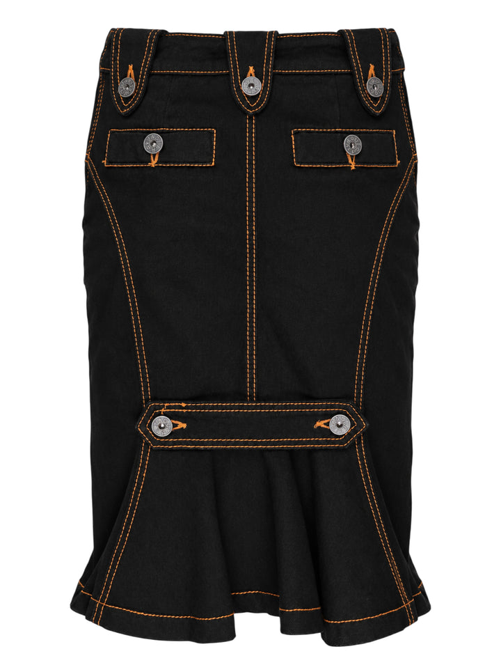 Vaquera black denim pencil skirt with orange contrast topstitching, angular flap pockets and engraved metal buttons, front view - view 2