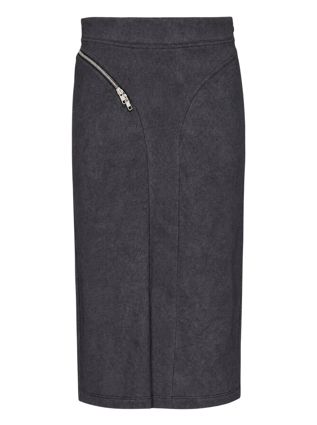 Vaquera washed charcoal knit pencil skirt with a curved diagonal zipper and sculpted seams