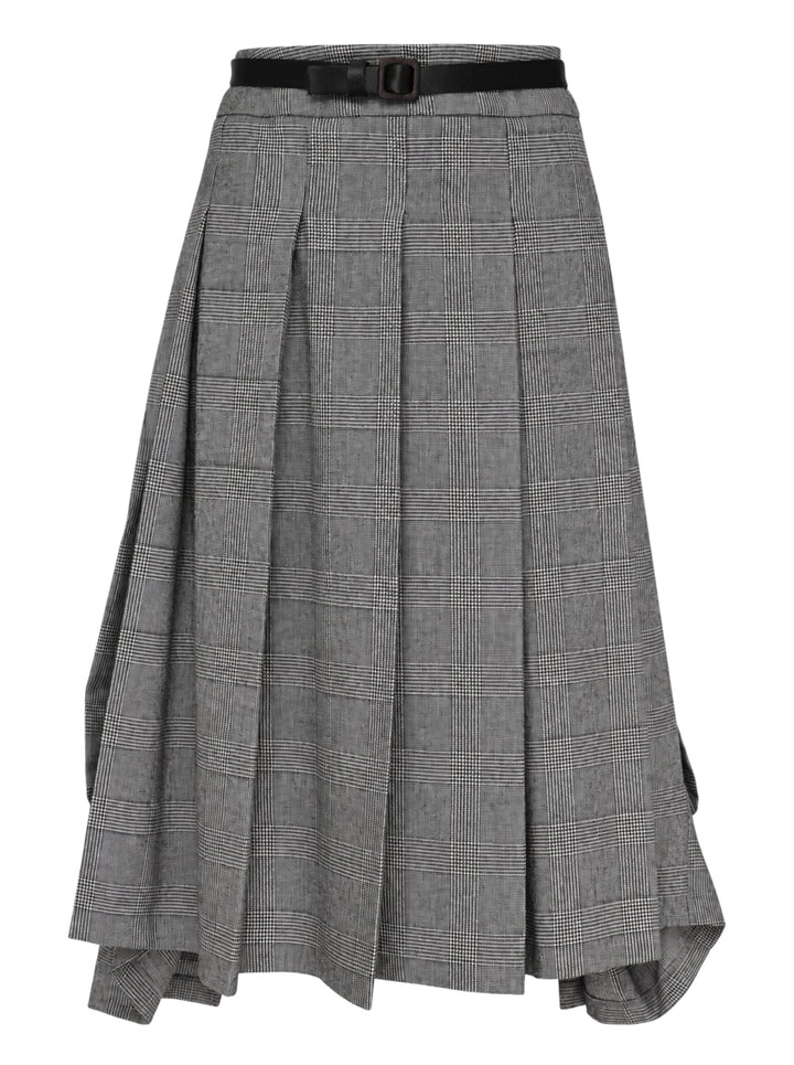 Vaquera grey houndstooth check pleated midi skirt with asymmetric draped hem and slim black buckle belt