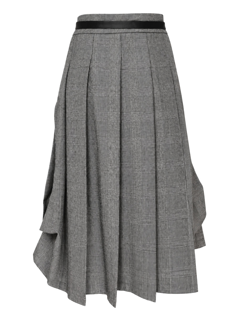Vaquera grey houndstooth check pleated midi skirt with asymmetric draped hem and slim black buckle belt - view 2
