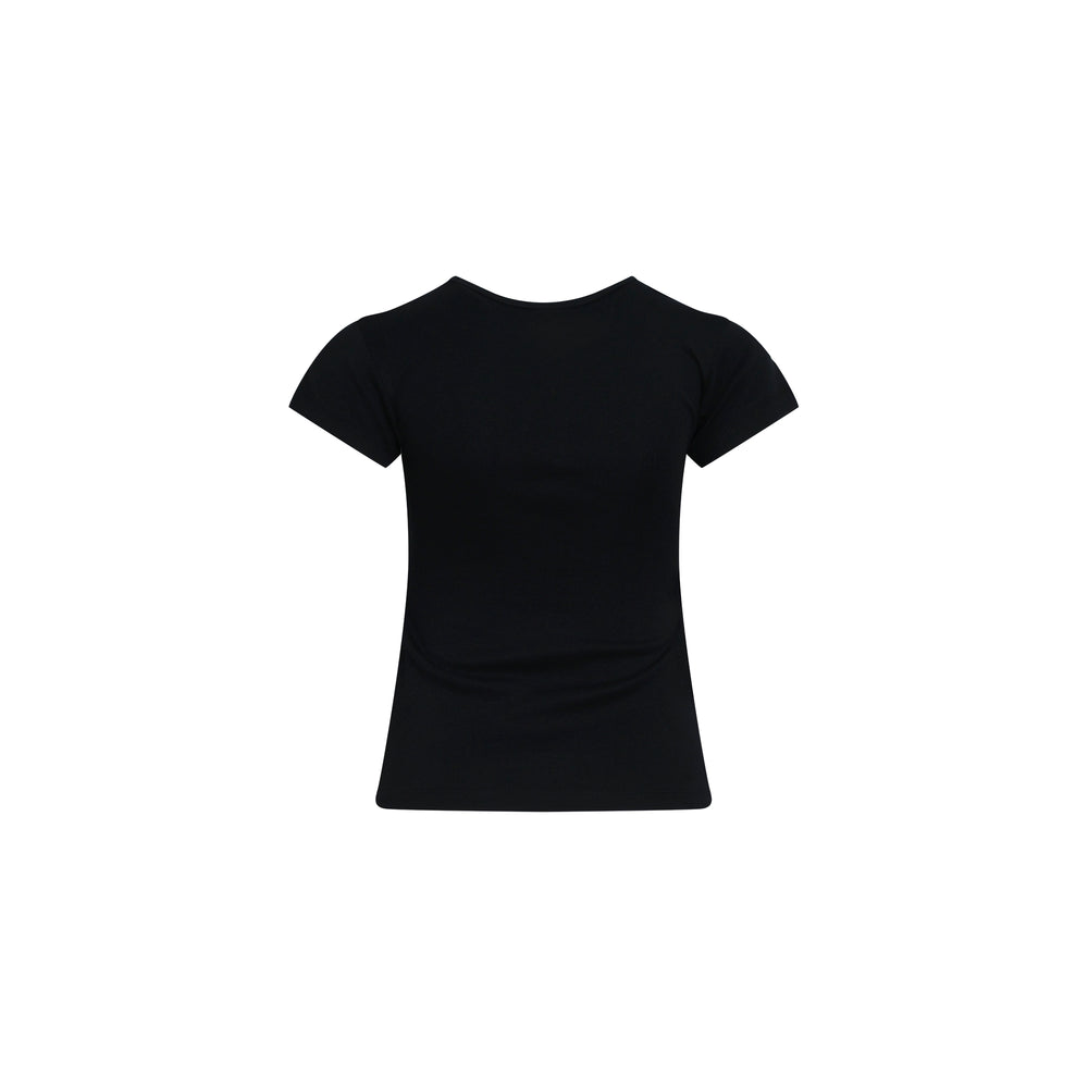 Vaquera Jesus Wore Vaquera Baby Tee in black, featuring a bold stacked rhinestone-effect slogan graphic across the chest, short sleeves, and a fitted cropped silhouette - view 2