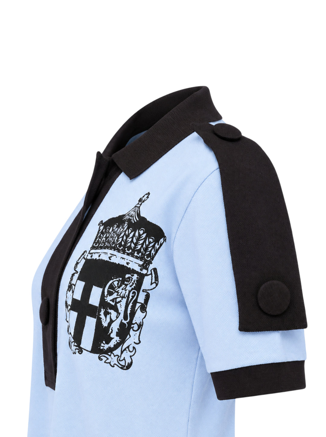 Vaquera light blue piqué polo with black collar, placket, epaulettes and cuffs, featuring a black heraldic crest print on the chest - view 4