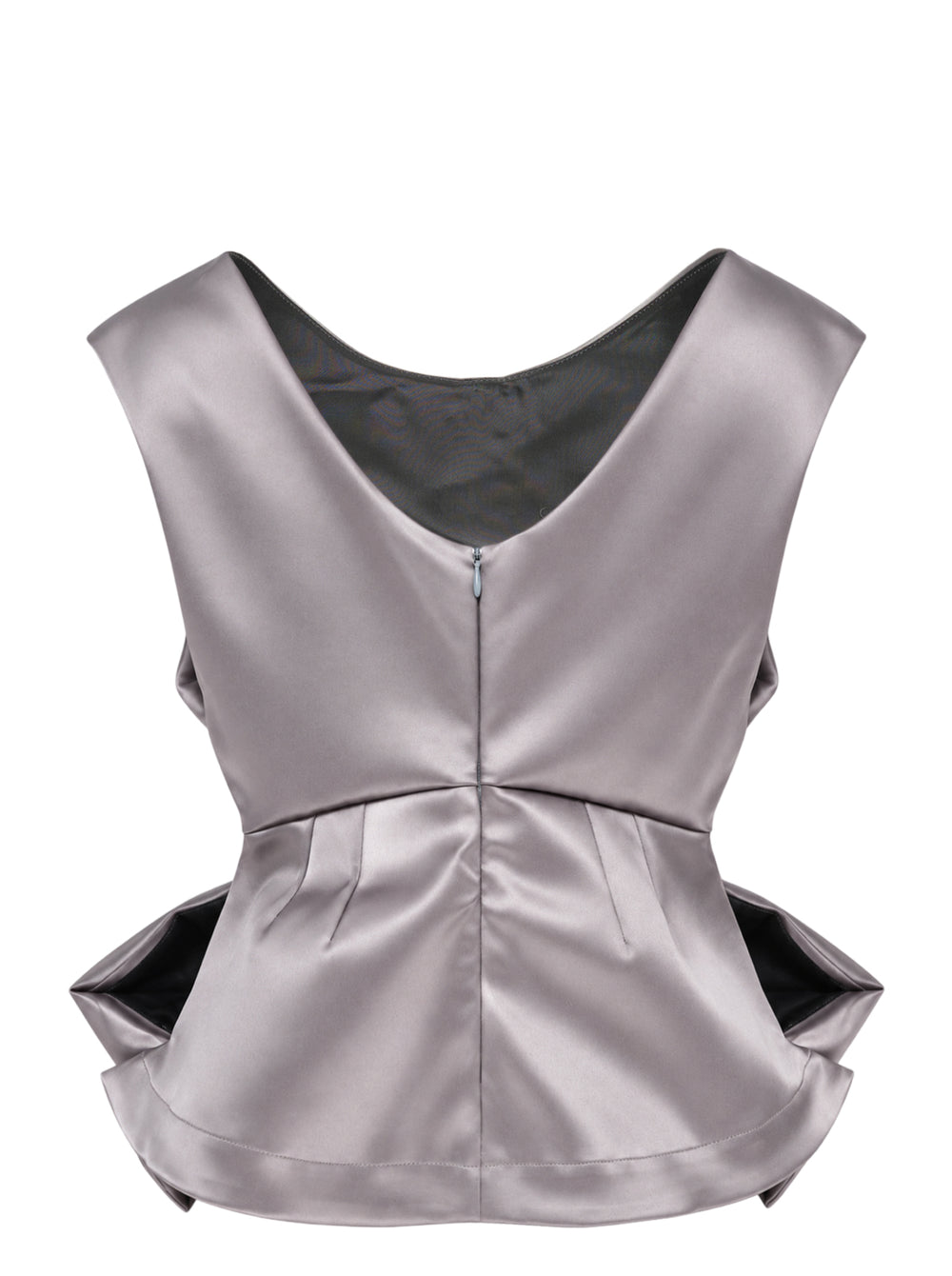 Vaquera grey satin sleeveless top with origami-style pleating, a scooped neckline and a slim black buckle belt at the waist - view 2