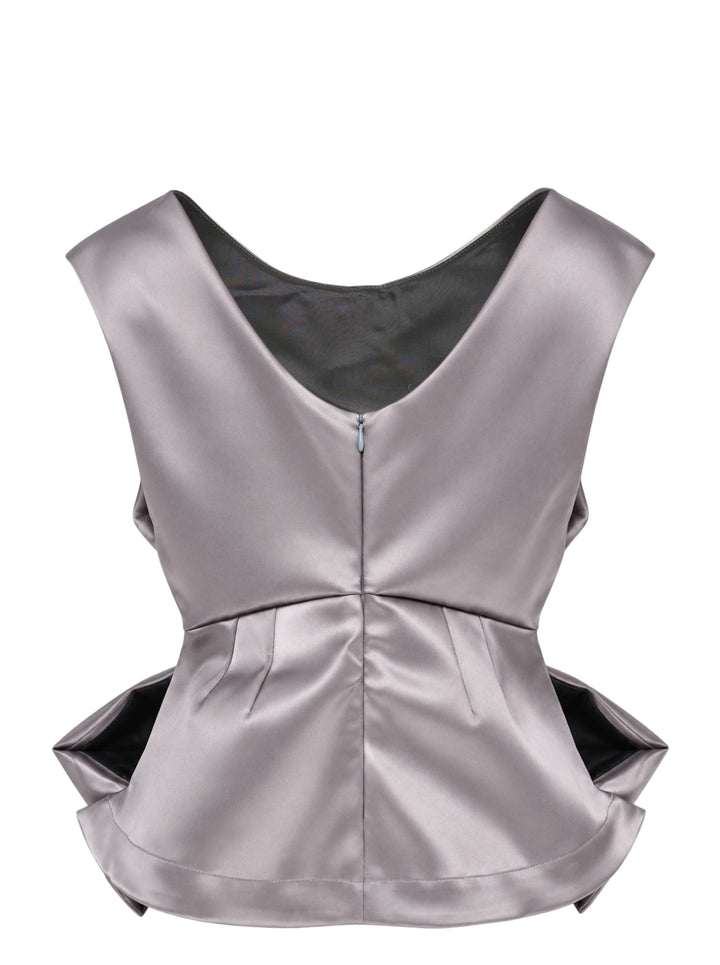 Vaquera grey satin sleeveless top with origami-style pleating, a scooped neckline and a slim black buckle belt at the waist - view 2
