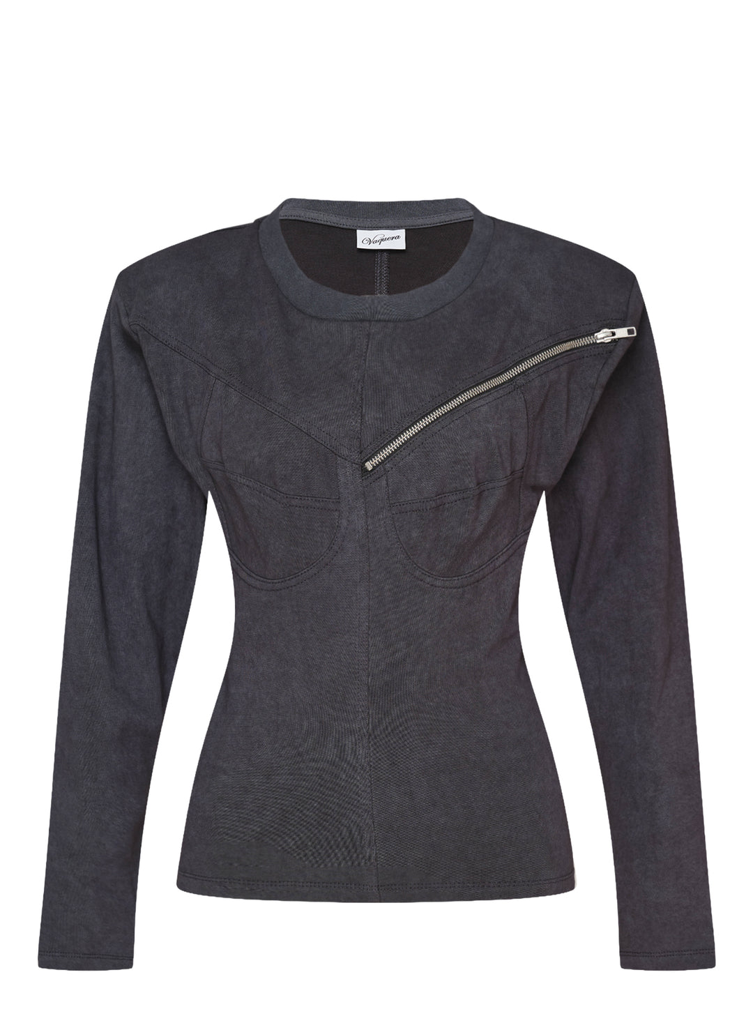 Vaquera women's charcoal long-sleeve knit top with corset-style bust seams, structured shoulders and an asymmetric diagonal zip across the chest