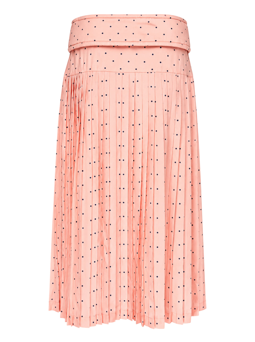 Ashley Williams peach pleated midi skirt with navy polka dots and a padded fold-over belt waistband - view 2