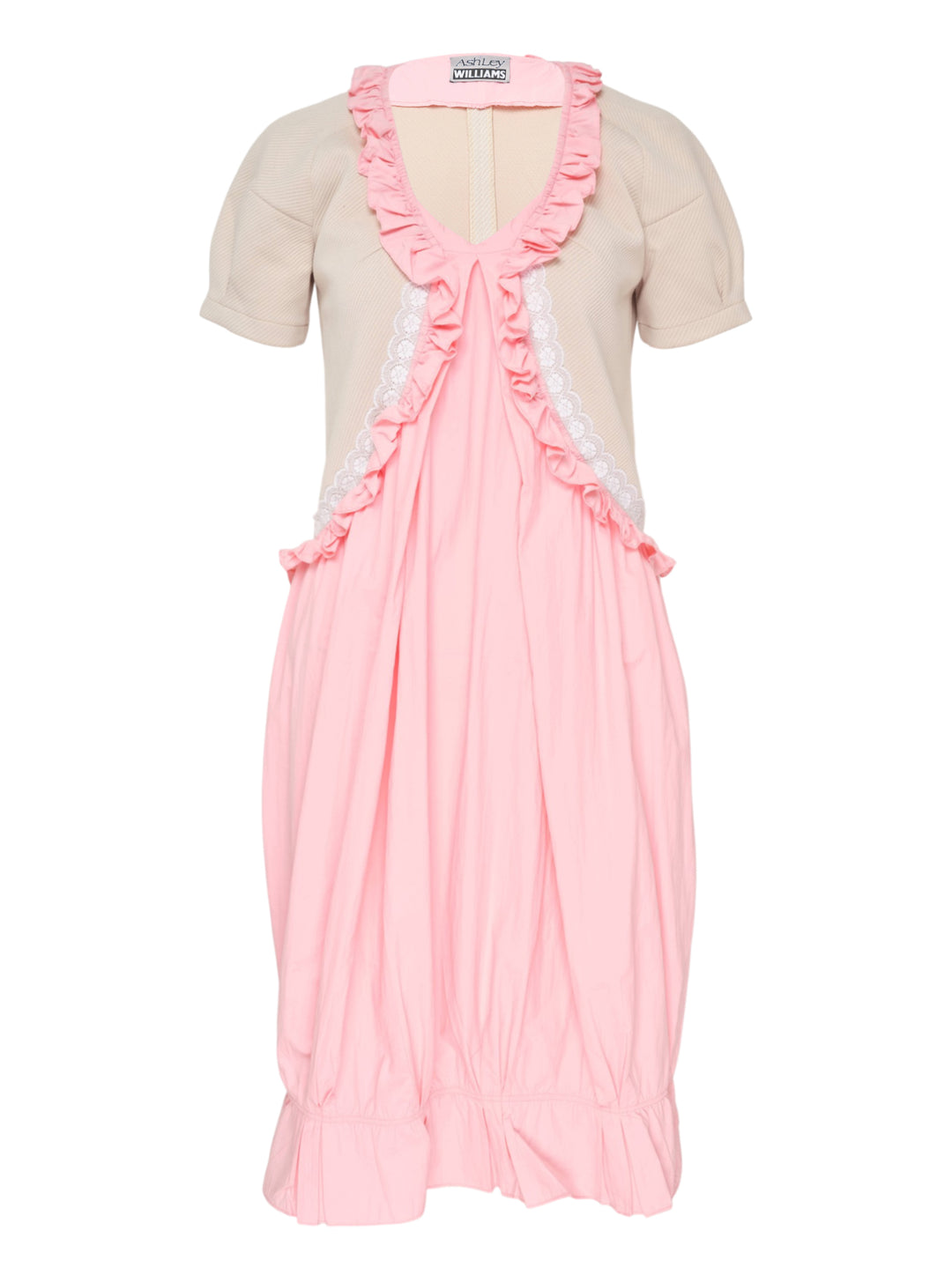 Ashley Williams Pink Anneliese Dress with beige ribbed bodice, puff sleeves, ruffled V-neckline with white lace trim, and voluminous gathered pink skirt with ruffle hem
