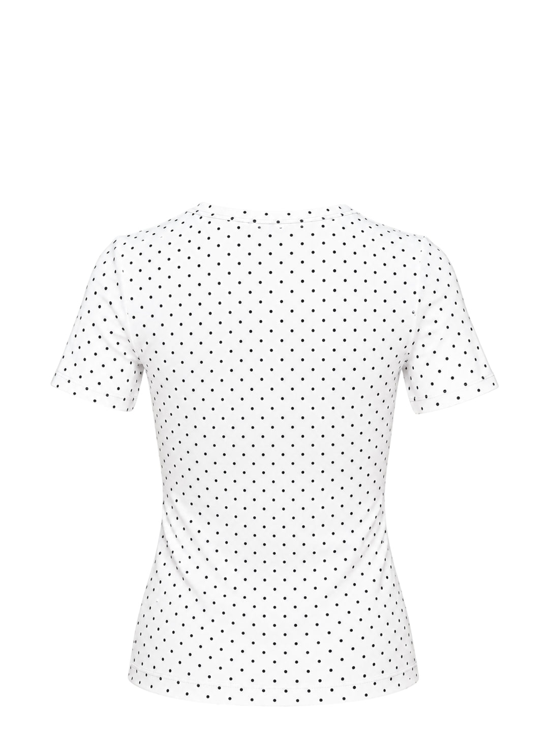 Ashley Williams Room Short Sleeve Tee with a photographic pastel bedroom interior print on the body and white polka dot short sleeves, featuring a crew neckline and fitted silhouette - view 2