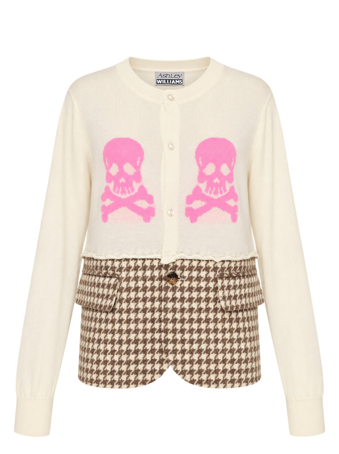Ashley Williams cream cardigan jacket with two pink skull and crossbones motifs and a brown houndstooth blazer-style hem with flap pockets