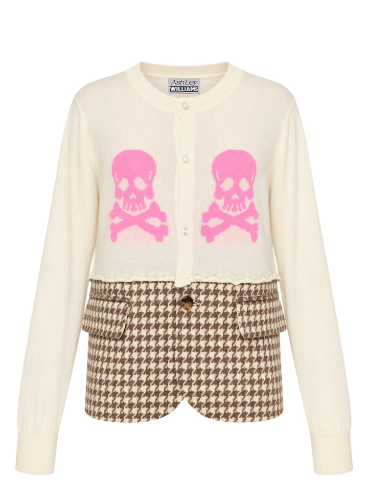 Ashley Williams cream cardigan jacket with two pink skull and crossbones motifs and a brown houndstooth blazer-style hem with flap pockets