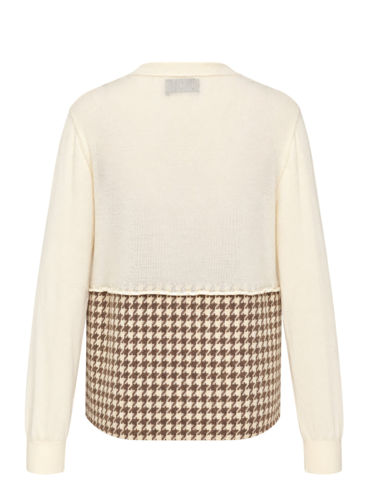 Ashley Williams cream cardigan jacket with two pink skull and crossbones motifs and a brown houndstooth blazer-style hem with flap pockets - view 2