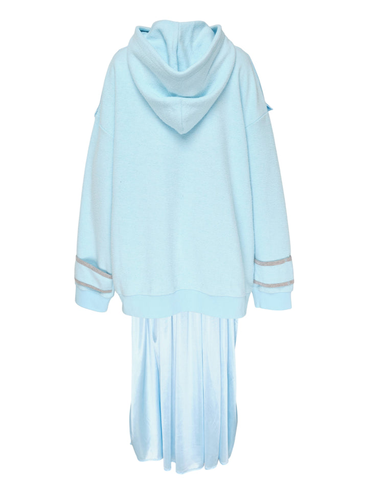 Ashley Williams ice-blue gown hoodie with satin bow capelet, ruffled trim, rhinestone sleeve appliqués, and flowing pleated satin skirt overlay, photographed flat on a white background - view 2