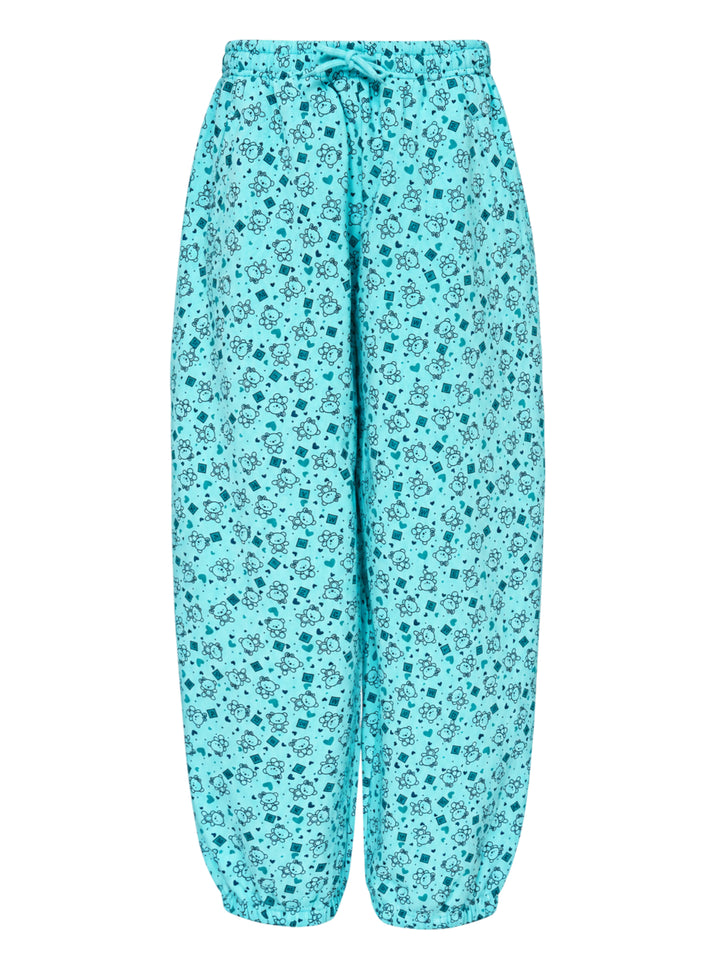 Ashley Williams Bear Print Joggers in aqua blue with all-over teddy bear, heart, and diamond scatter print, elasticated drawstring waist, and tapered elasticated ankle cuffs