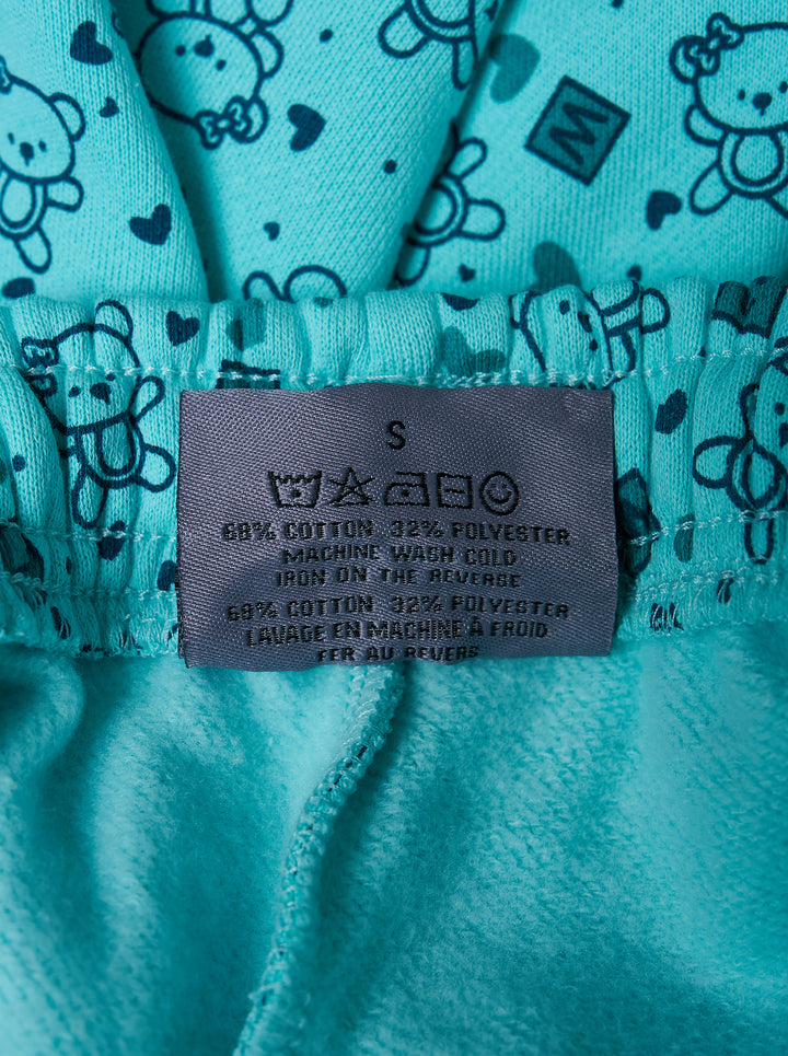 Ashley Williams Bear Print Joggers in aqua blue with all-over teddy bear, heart, and diamond scatter print, elasticated drawstring waist, and tapered elasticated ankle cuffs - view 3