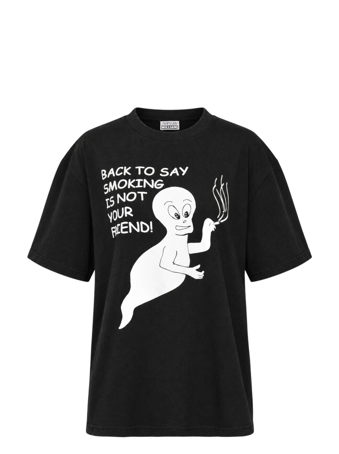 Ashley Williams black oversized crew neck tee with a Casper-inspired ghost graphic and 'Back To Say Smoking Is Not Your Friend!' slogan printed on the chest