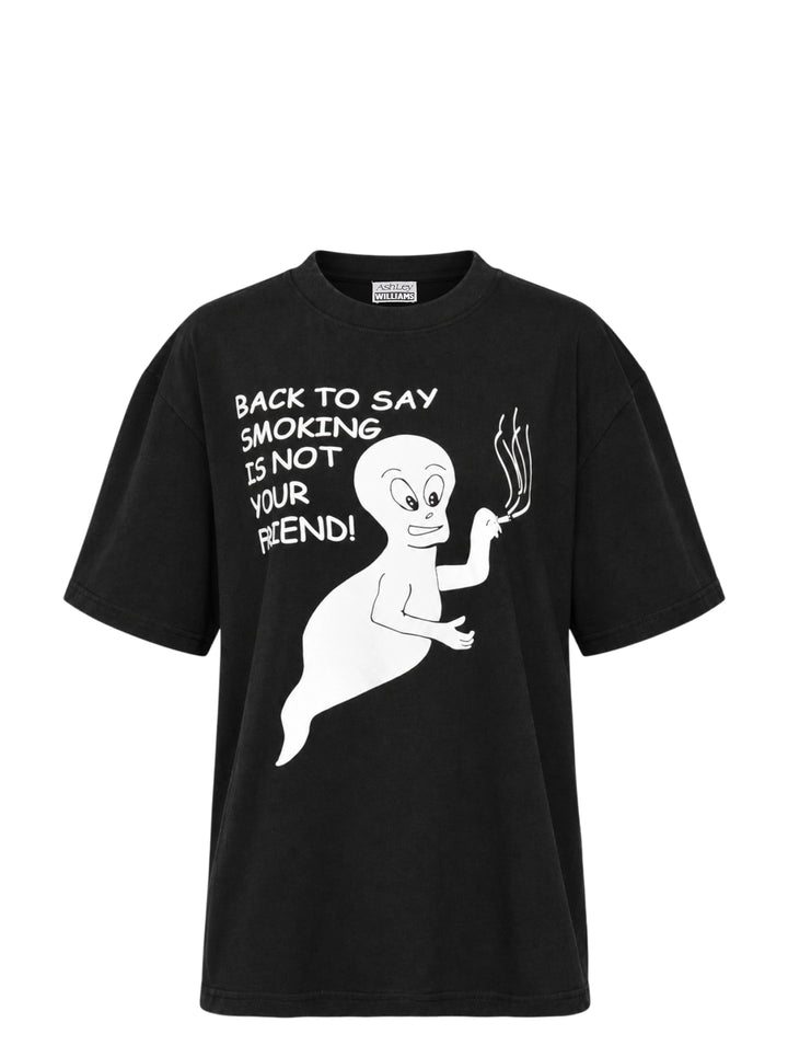 Ashley Williams black oversized crew neck tee with a Casper-inspired ghost graphic and 'Back To Say Smoking Is Not Your Friend!' slogan printed on the chest