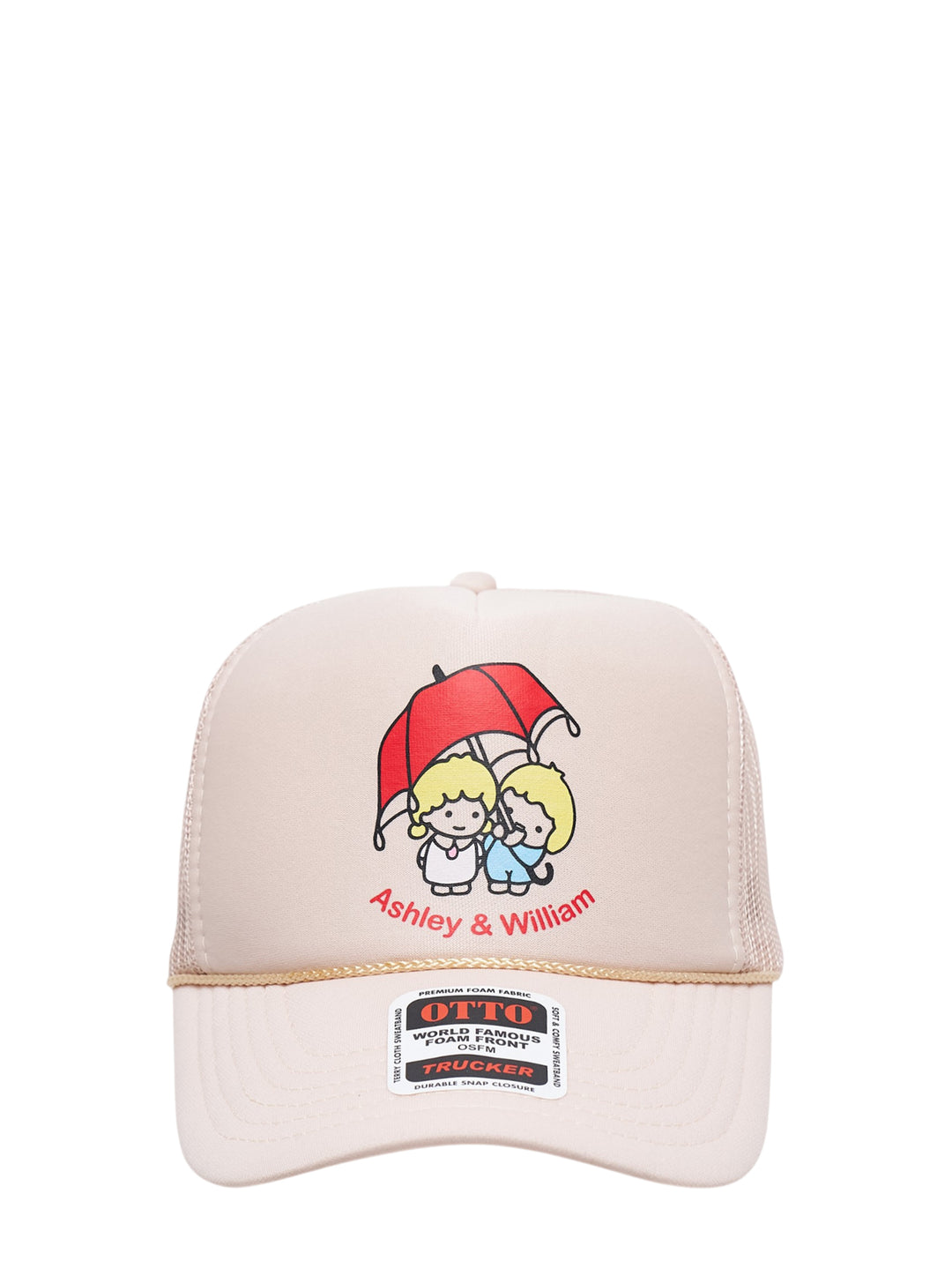 Ashley Williams cream foam-front trucker hat with Ashley & William cartoon characters under a red umbrella graphic, gold braid trim at brim and mesh back panel
