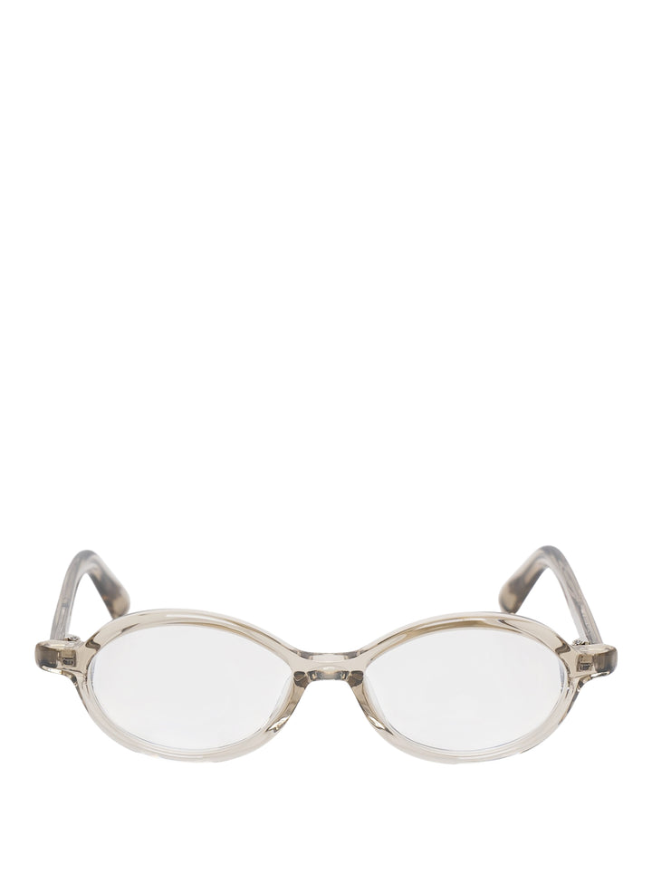 Jacquemus Pablo oval optical glasses with a translucent champagne acetate frame and clear lenses, front view