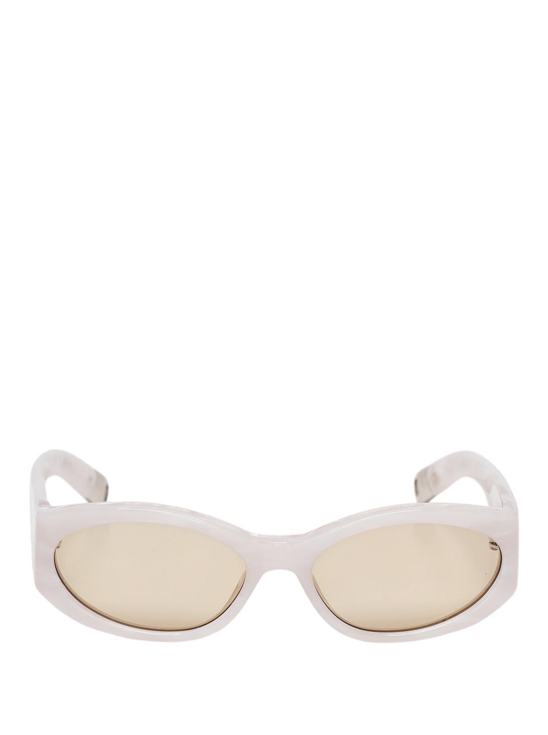 Jacquemus Ovalo sunglasses with a pearlescent white oval frame and amber-tinted lenses, front view