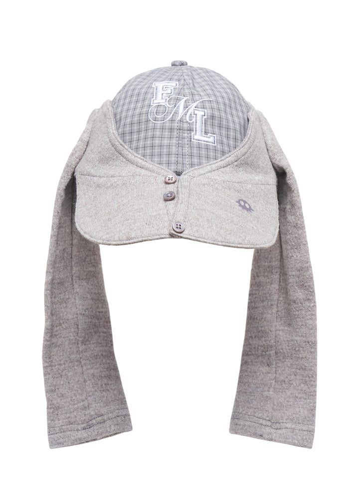 Sultry Virgin Alumni Cardigan Cap in grey plaid with embroidered FML monogram, featuring an attached grey knit cardigan with button placket and hanging sleeves