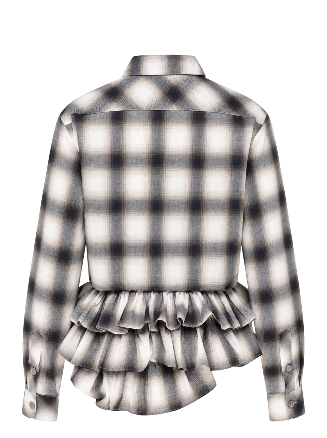 Sultry Virgin plaid tie-waist ruffle shirt in ombre charcoal and ivory check, featuring a point collar, button-front, long sleeves, and voluminous gathered ruffle hem with trailing tie detail - view 2