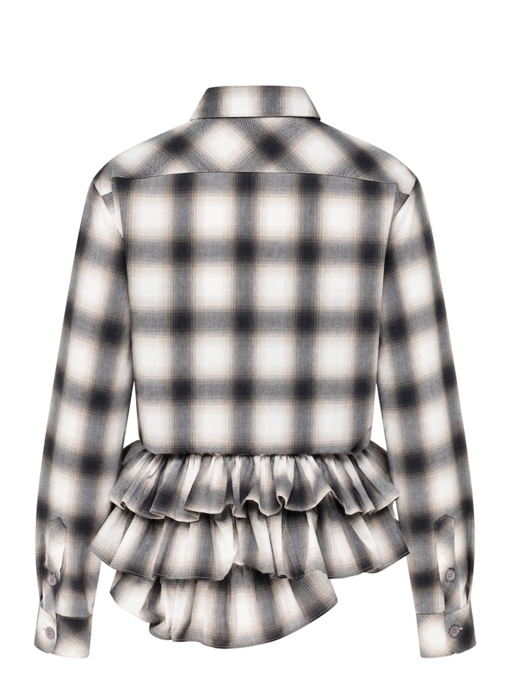 Sultry Virgin plaid tie-waist ruffle shirt in ombre charcoal and ivory check, featuring a point collar, button-front, long sleeves, and voluminous gathered ruffle hem with trailing tie detail - view 2
