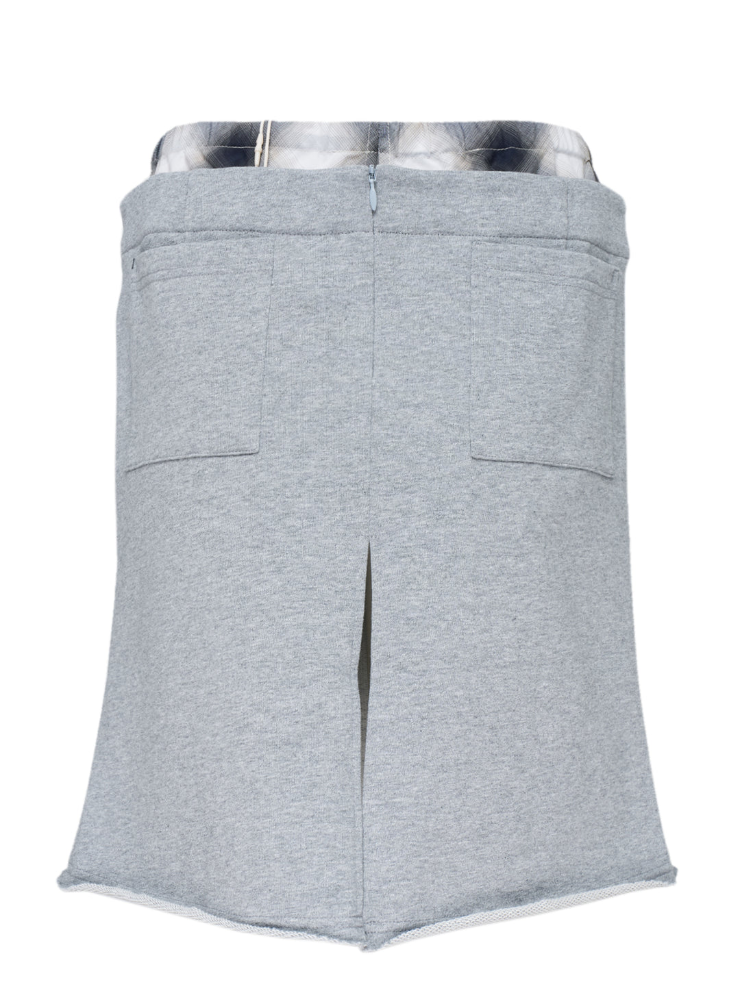 Sultry Virgin Born Mommy Varsity Skirt in heather grey sweatshirt fleece with pink collegiate lettering, drawstring waist, plaid fold-over lining, and front patch pocket - view 2