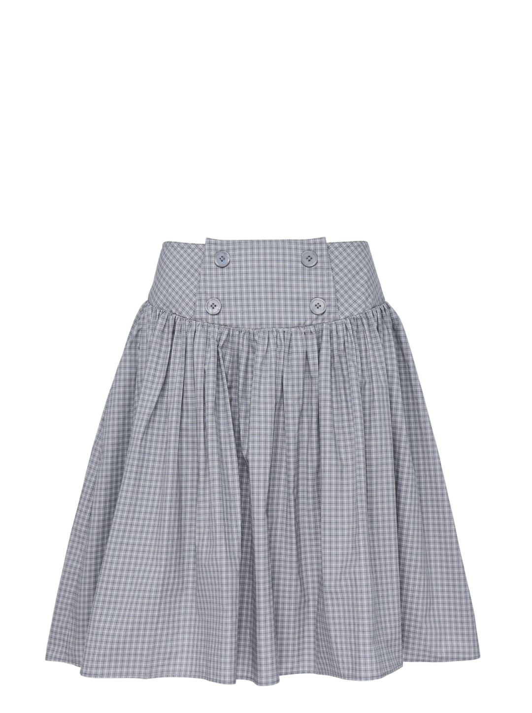 Sultry Virgin Alumna grey gingham A-line midi skirt with wide button-detailed waistband and gathered silhouette, product flat lay on white background