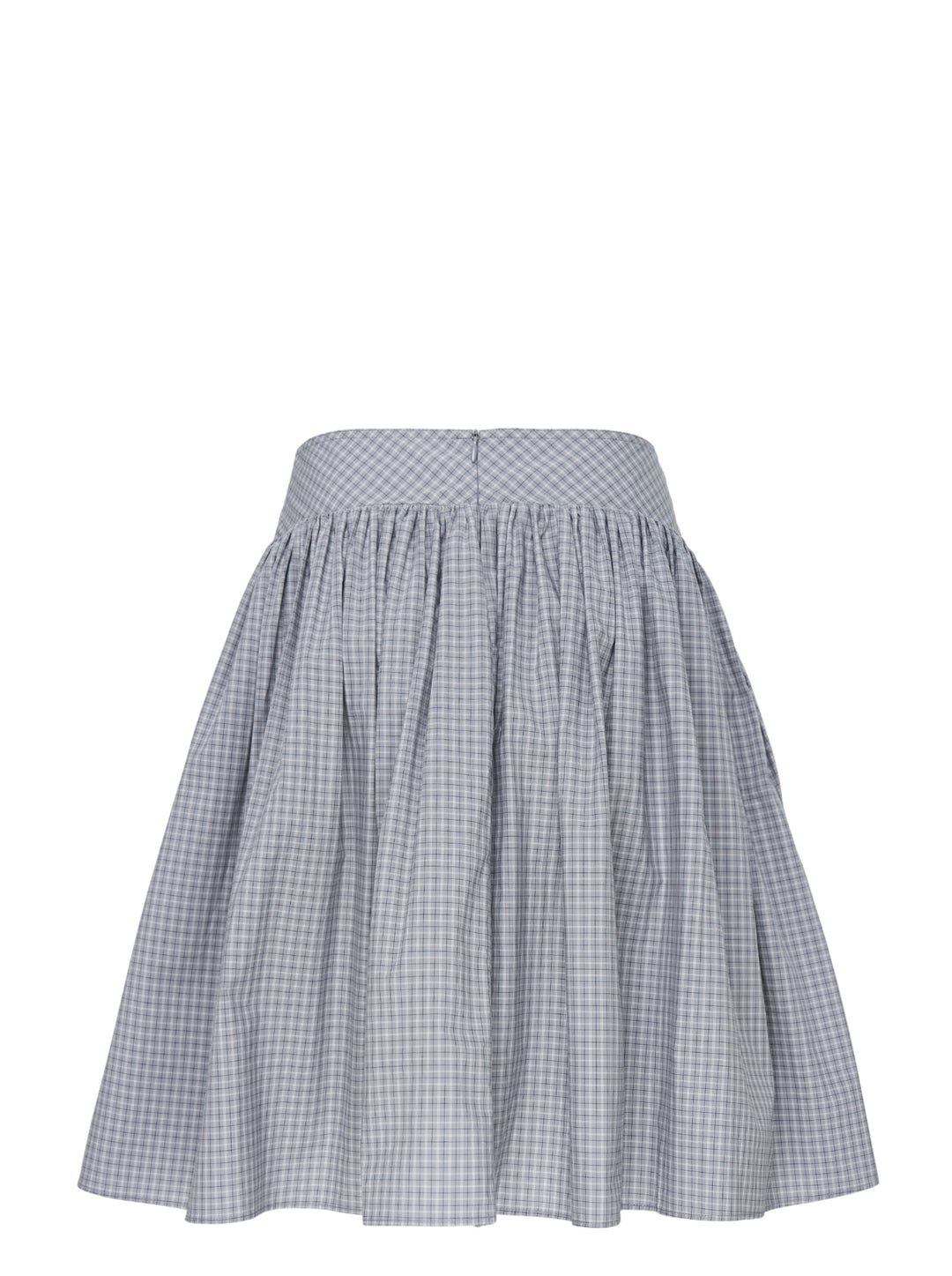 Sultry Virgin Alumna grey gingham A-line midi skirt with wide button-detailed waistband and gathered silhouette, product flat lay on white background - view 2