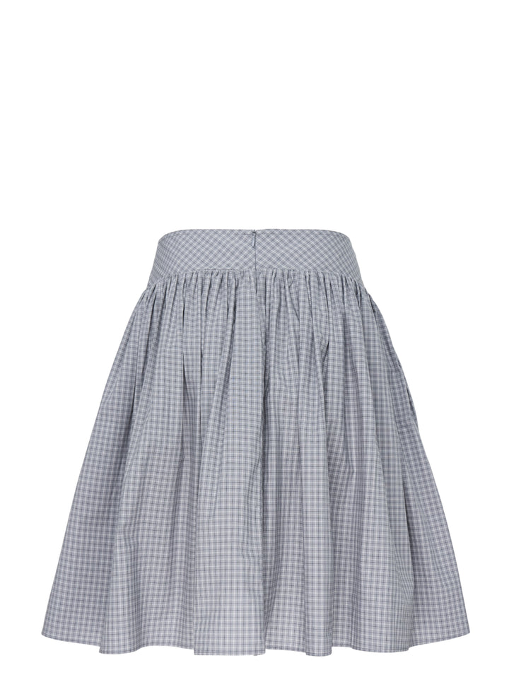 Sultry Virgin Alumna grey gingham A-line midi skirt with wide button-detailed waistband and gathered silhouette, product flat lay on white background - view 2