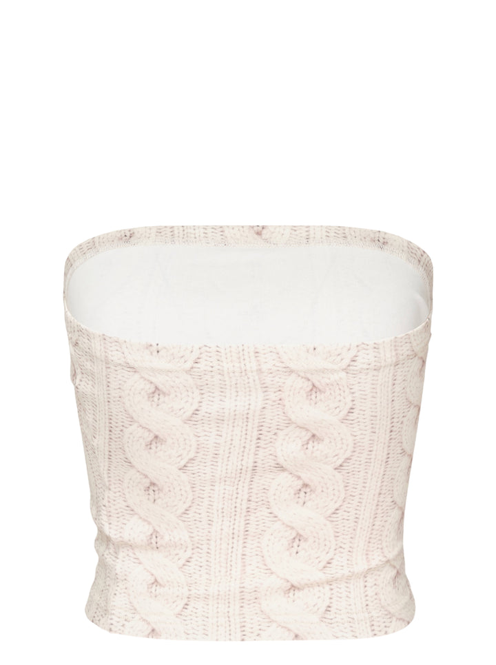 Sultry Virgin cream cable knit print strapless tube top with collegiate 'Virgin Institution' crest graphic at the hem, photographed flat on a white background - view 2