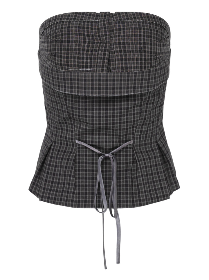 Sultry Virgin Gingham Shirting Tube Top in dark grey check with fold-over collar, self-covered button placket, contrast topstitching, and drawstring tie hem on a white background - view 2