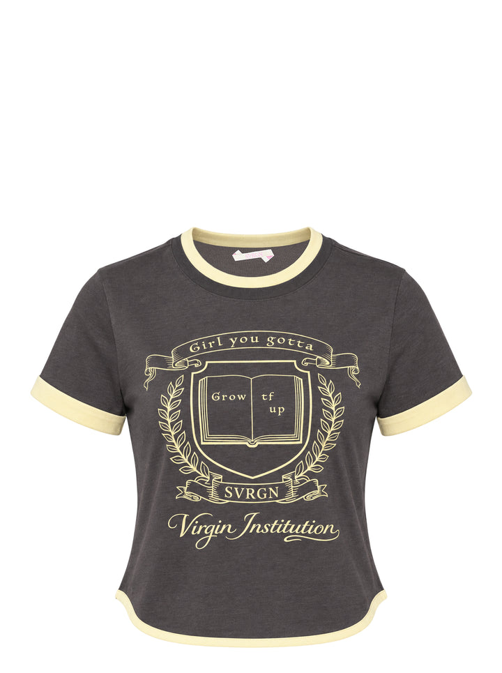 Sultry Virgin Girl Up Crest Tee in vintage-washed charcoal with pale yellow contrast ringer trim and collegiate crest graphic reading 'Girl you gotta Grow tf up' above Virgin Institution branding