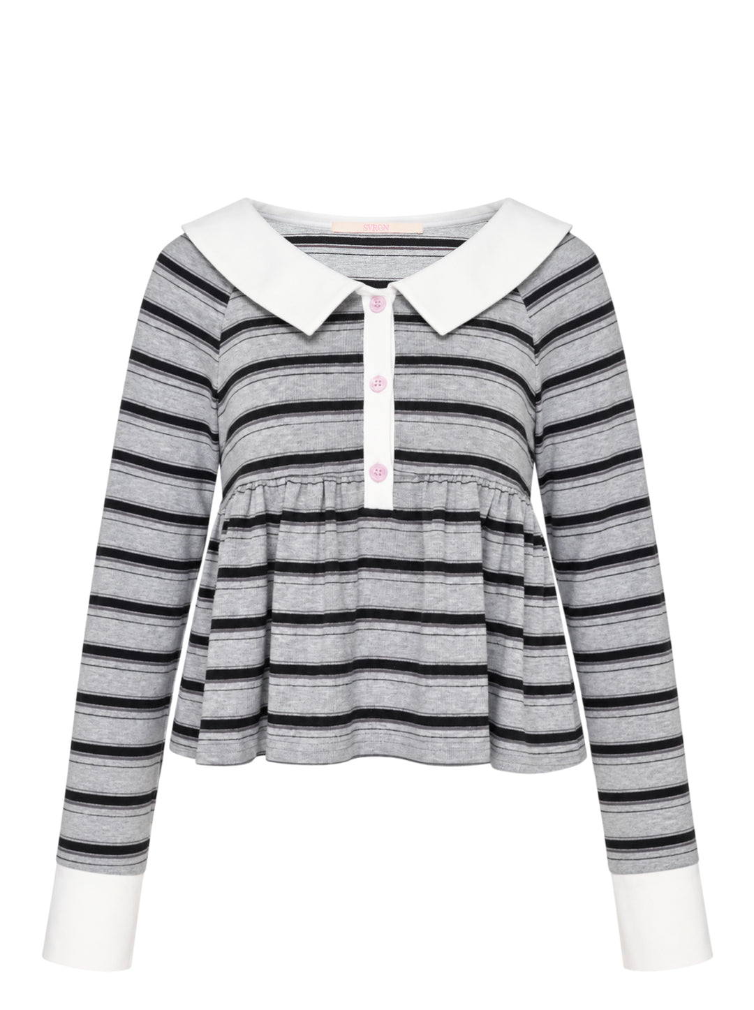 Sultry Virgin Stripe Babydoll Polo in grey and black stripes with a white Peter Pan collar, pink button placket, gathered peplum hem, and white cuff trim on long sleeves