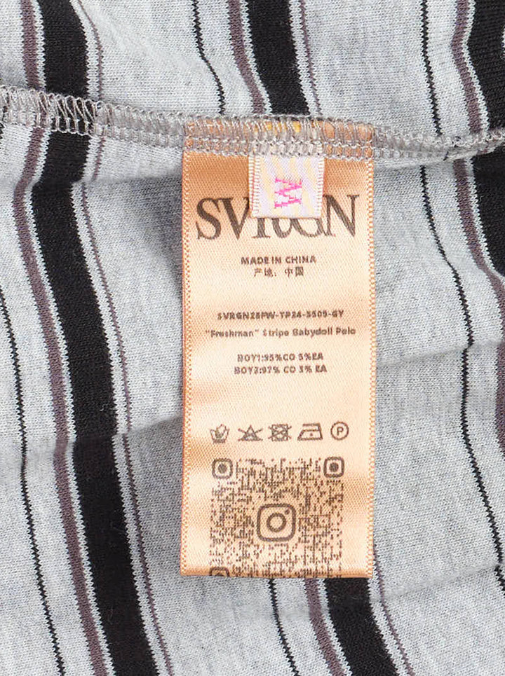 Sultry Virgin Stripe Babydoll Polo in grey and black stripes with a white Peter Pan collar, pink button placket, gathered peplum hem, and white cuff trim on long sleeves - view 3