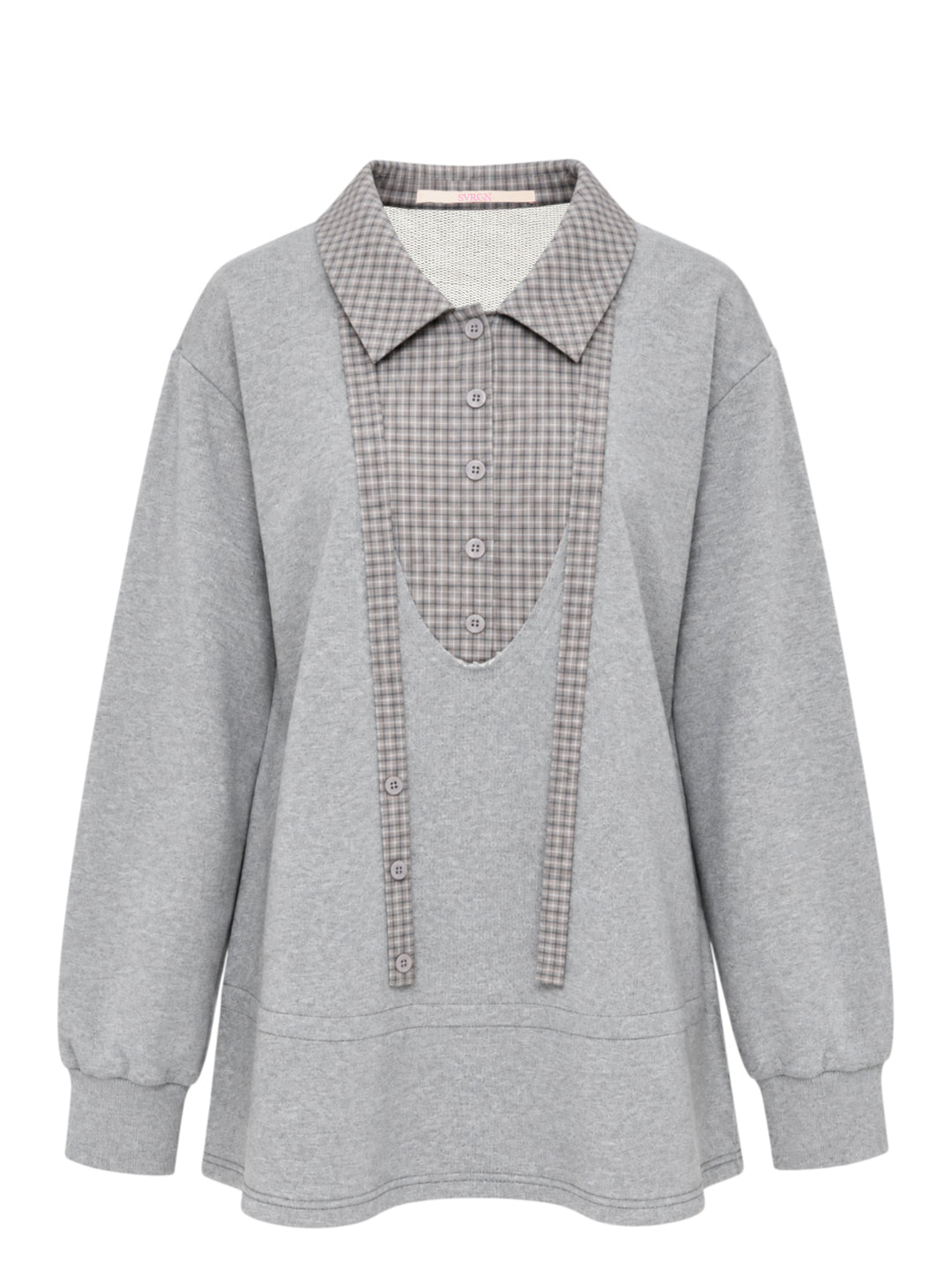 Sultry Virgin grey marl oversized sweatshirt with gingham check shirting collar and button placket insert, front view on white background