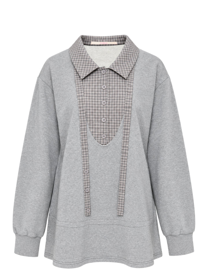 Sultry Virgin grey marl oversized sweatshirt with gingham check shirting collar and button placket insert, front view on white background