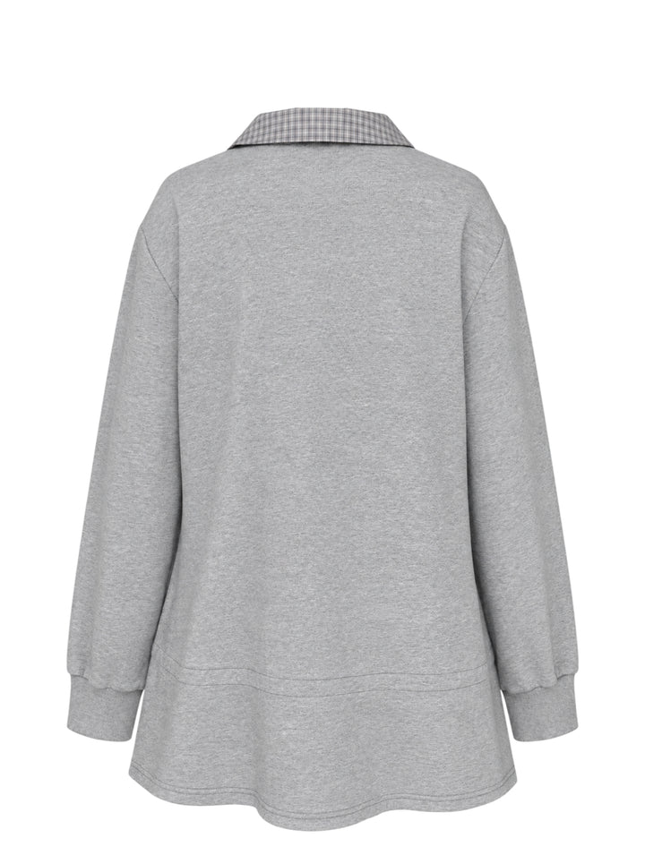 Sultry Virgin grey marl oversized sweatshirt with gingham check shirting collar and button placket insert, front view on white background - view 2