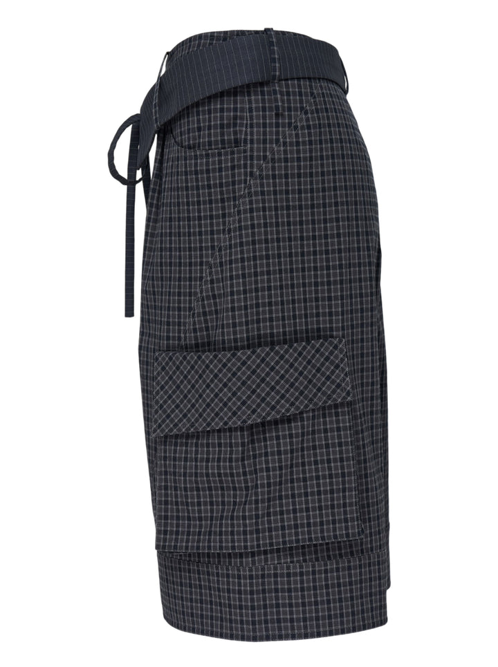 Sultry Virgin Curfew Gingham Cargo Pants in dark navy check with wide-leg silhouette, contrast pinstripe sash belt, and flap cargo pockets - view 3