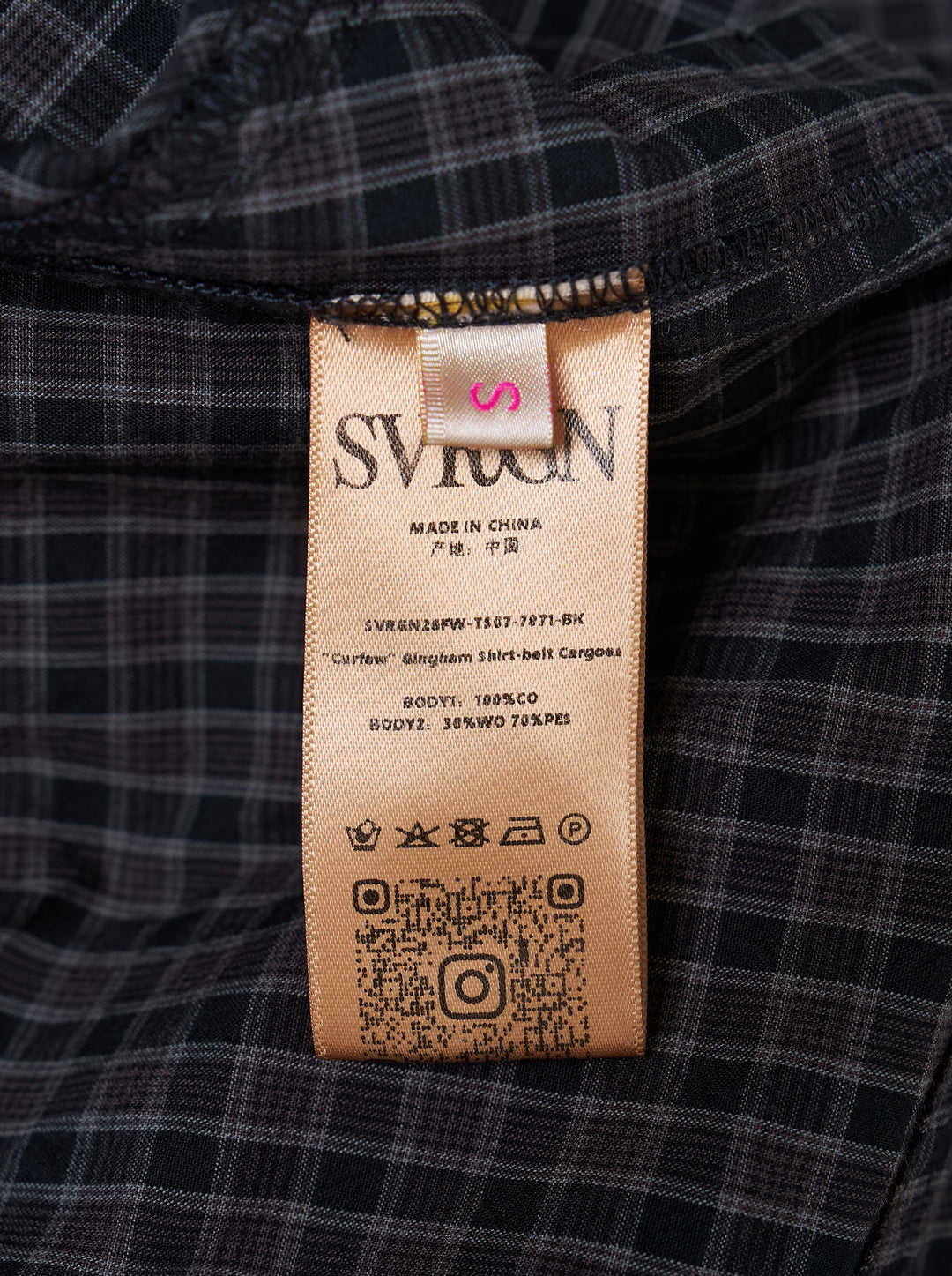 Sultry Virgin Curfew Gingham Cargo Pants in dark navy check with wide-leg silhouette, contrast pinstripe sash belt, and flap cargo pockets - view 4