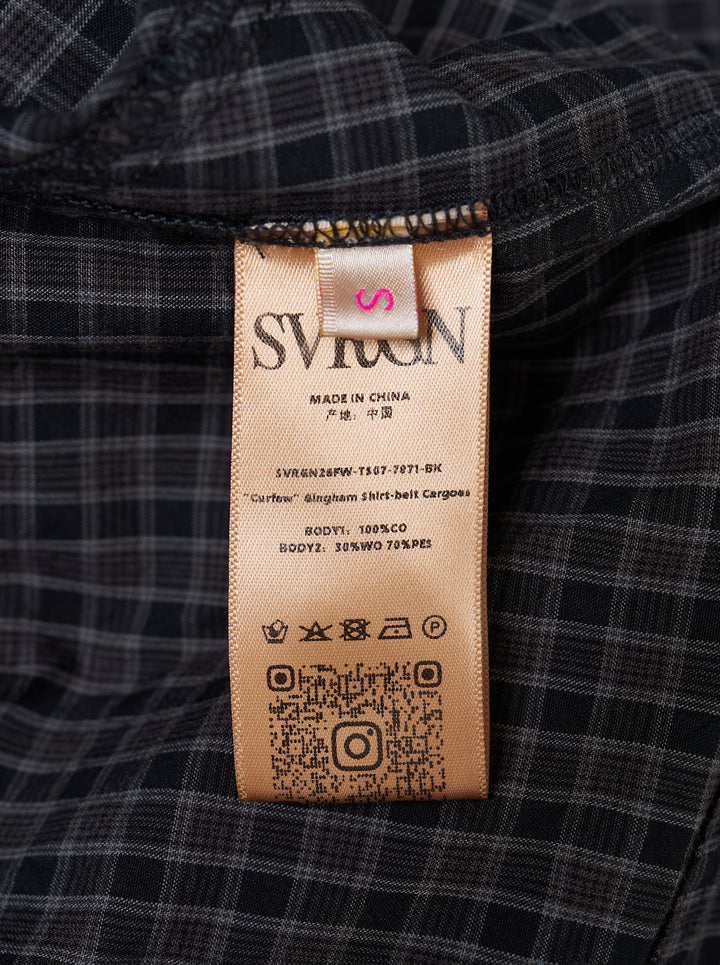 Sultry Virgin Curfew Gingham Cargo Pants in dark navy check with wide-leg silhouette, contrast pinstripe sash belt, and flap cargo pockets - view 4