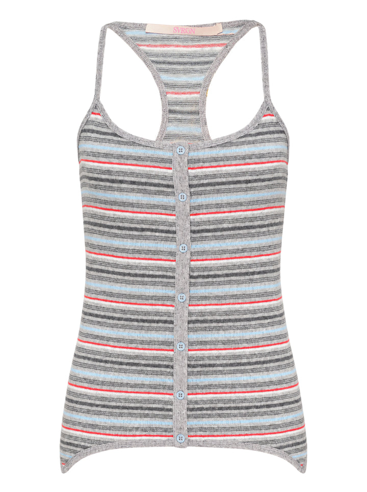Sultry Virgin Curfew striped knit cami with racerback back, button-front placket, and horizontal grey, blue, and red stripe pattern on a white background