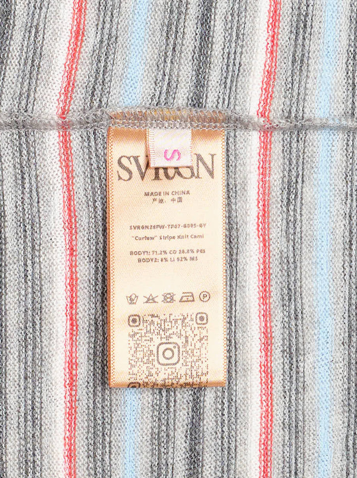 Sultry Virgin Curfew striped knit cami with racerback back, button-front placket, and horizontal grey, blue, and red stripe pattern on a white background - view 3