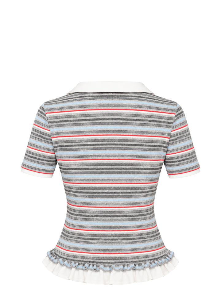 Sultry Virgin Stripe Knit Polo featuring a white Peter Pan collar, short button placket, embroidered crest, multi-stripe knit in grey, blue, and red, and a ruffle hem with sheer tulle trim - view 2