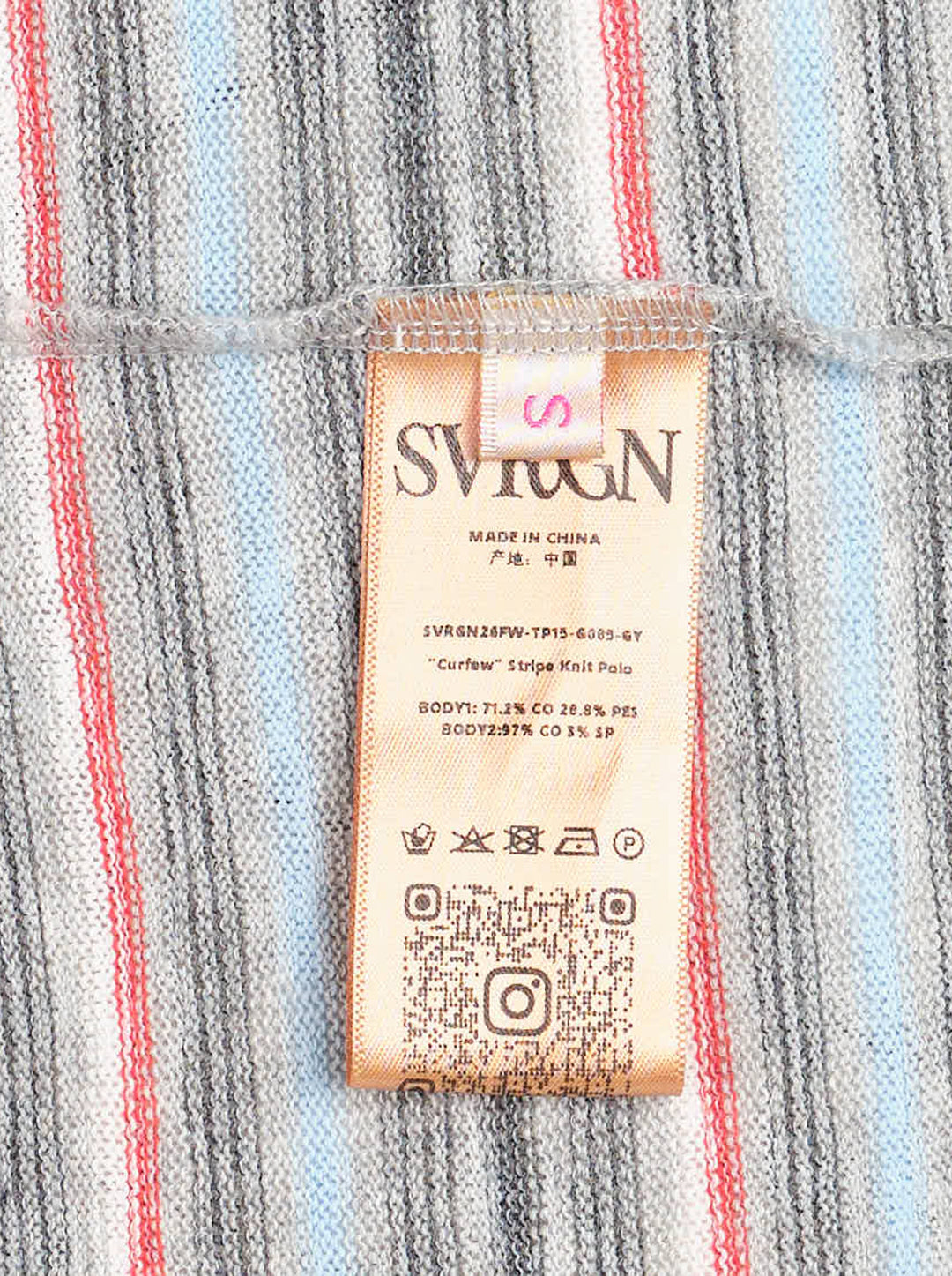 Sultry Virgin Stripe Knit Polo featuring a white Peter Pan collar, short button placket, embroidered crest, multi-stripe knit in grey, blue, and red, and a ruffle hem with sheer tulle trim - view 3