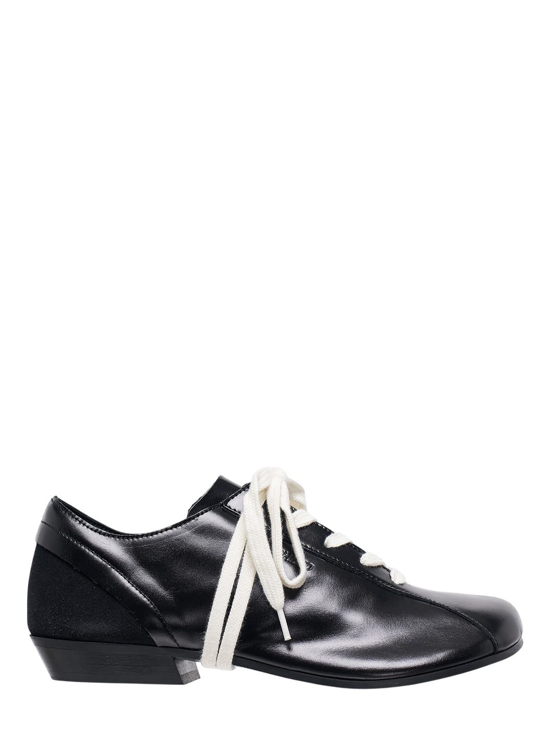 Phileo Cascade black leather lace-up shoe with suede heel panel, cream laces and low stacked heel, shown in side profile