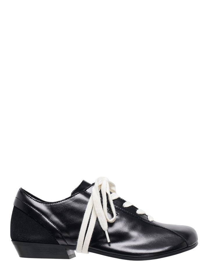 Phileo Cascade black leather lace-up shoe with suede heel panel, cream laces and low stacked heel, shown in side profile
